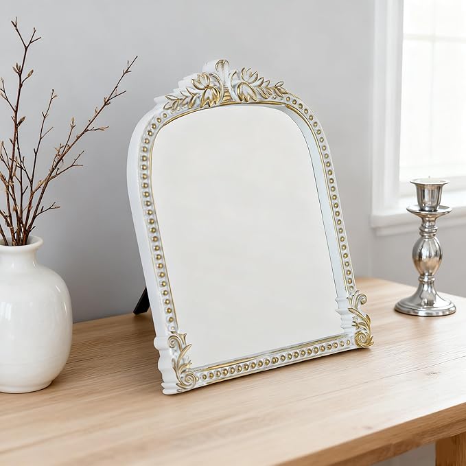 Antique White Plastic Arched Makeup Mirror, Standing, Hanging or Wall Mount, Bathroom, Living Room, Bedroom White and Gold Decorative Mirror (10.6 x 8.6 inch)