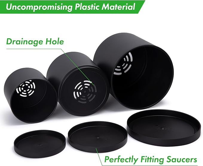 D'vine Dev 6.5 Inch 8 Inch 10 Inch, Set of 3 Plastic Planter Pots for Plants with Drainage Hole and Seamless Saucers, Black Color, Large, 74-V-B-4