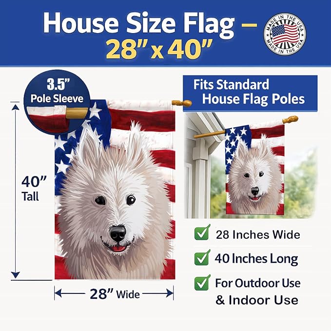 Caroline's Treasures CK6687CHF Samoyed Dog American Flag House Flag Large Porch Sleeve Pole Decorative Outside Yard Banner Artwork Wall Hanging, Polyester, House Size, Multicolor