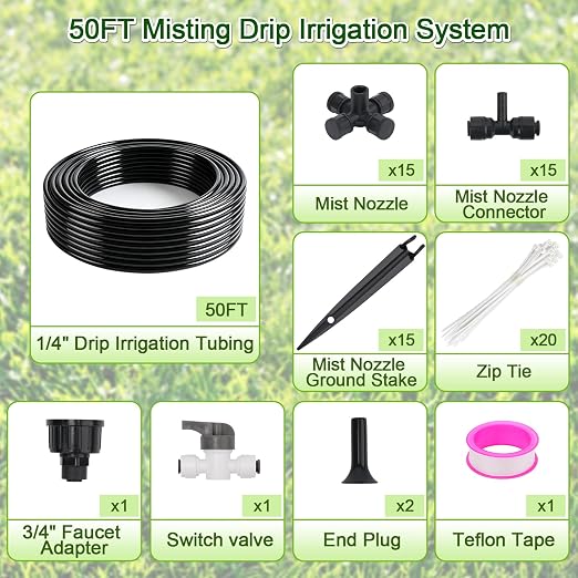 50FT Drip Irrigation System Kit, Garden Watering System with Quick Connectors 1/4 inch Drip Tubing & Quick Connect Fittings Adjustable Mist, Watering System for Outdoor Plants
