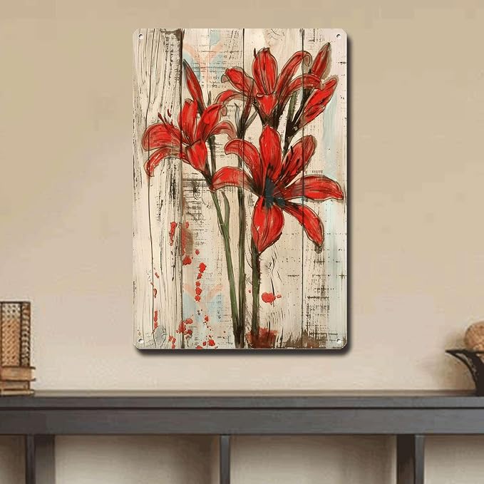 Metal Sign Tin Sign Vintage Wall Art Antique Paint Lycoris Tin Sign for Shabby Chic Interiors Red Flower Admirers and Weather Resistan Bathroom Signs for Home for Bar 12×16 Inches