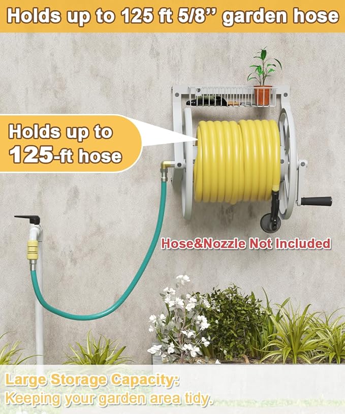 Artigarden Triangle Wall Mounted Garden Hose Reel, Outdoor Heavy-Duty Water Hoses Holder Winder, Holds 125 Ft of 5/8-Inch Hose, with 3.9 ft Leader Hose, Brass Fitting, Storage Basket for Yard, White