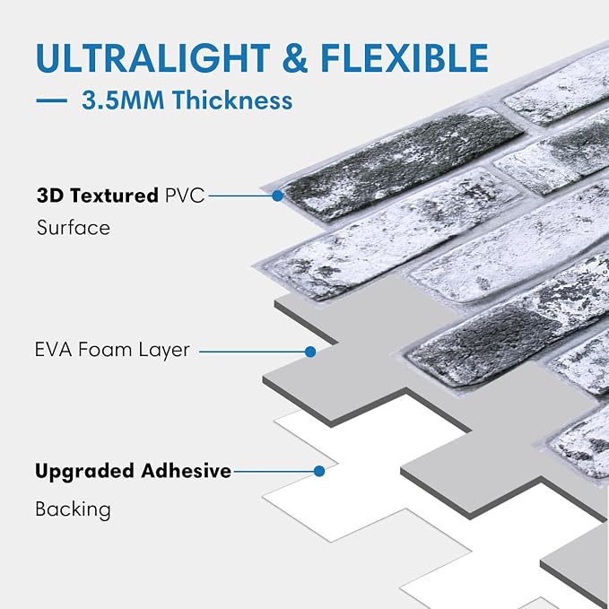 COMSTICKC 3D Gray Faux Brick Wall Panel, Peel and Stick Wall Covering, 12 Pcs of 22.8" x 11.8", Not Real Brick, UrltraLight PVC Self Adhesive Brick Decorative Tile,Paintable,Covers 22.48 sq.ft