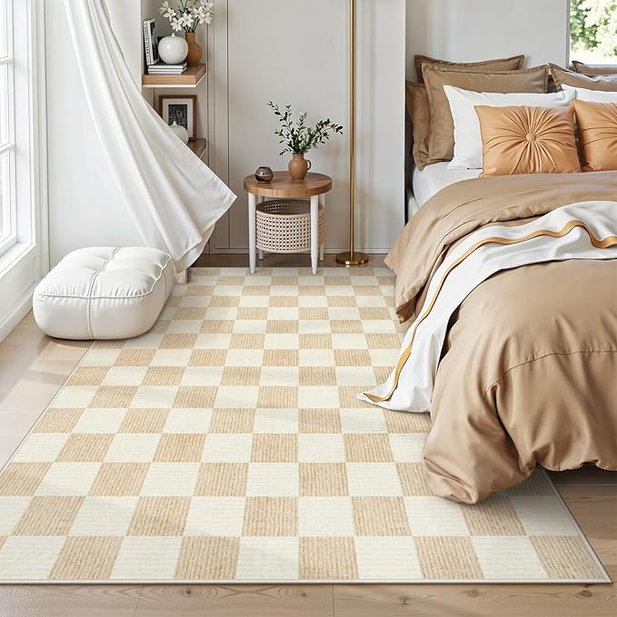 Machine Washable 5x7 Area Rugs for Living Room Checkered, Non Slip Soft Low Pile Farmhouse Geometric Modern Neutral Playroom Boys Rugs for Bedroom, Large Carpet Rugs for Dining Room(Ivory,5'x7')