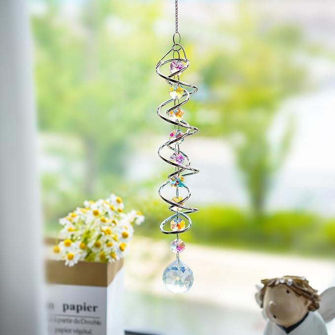 20.5in Crystal Suncatcher Gazing Ball Spiral Wind Spinner Garden Decor | Colorful Crystal Sun Catcher with Octagonal Beads Spiral Tail Rainbow Maker Hanging for Indoor Outdoor Garden Patio Decor