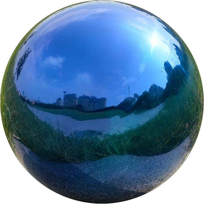 Gazing Ball Garden Mirror Outdoor - 10 Inch Outside Decorative Globe, Blue | Metal Polished Reflective Sphere, Stainless Steel Hollow Decoration Ornament for Home Pond Swimming Pool Housewarming Gift
