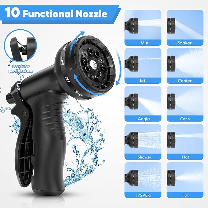 CXEZSIK Garden Hose, Water Hose with 10 Function Nozzles, No Kinks, Flexible Hose, Lightweight, Puncture Proof Hose for Yard and Outdoor（54FT）