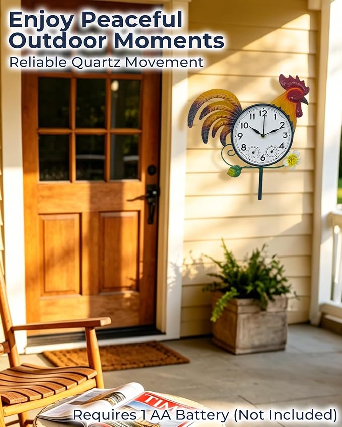 Rooster Outdoor Clock with Thermometer & Hygrometer | 41" Garden Stake or Wall Mount Design Weather-Resistant Metal Easy-to-Read Dial Farmhouse Garden Decor