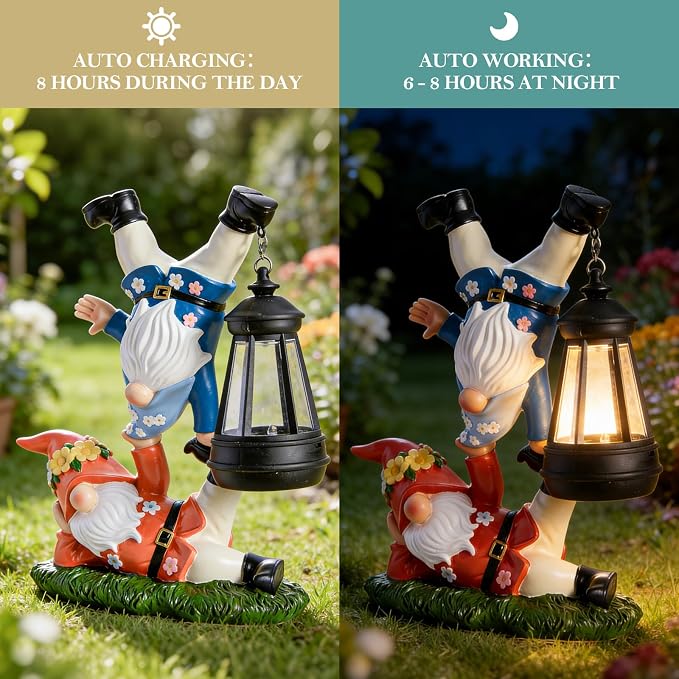 WDS WONDROUS Solar Garden Gnome Statue Decor with LED Lights Gnome Decorations for Outdoor Yard Patio Lawn Balcony Decor Birthday Gift for Woman Grandma Outside Garden Statues & Sulptures