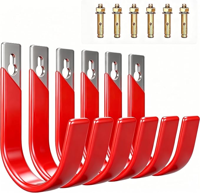 6 Pack Metal Garage Hooks, Heavy Duty Hose Hanger Wall Mounted Utility Storage Hooks for Outside Yard, Sturdy Hose Reel for Water Hose, Brooms, Ladders, Garage Storage