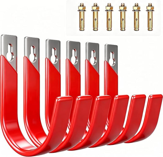 6 Pack Metal Garage Hooks, Heavy Duty Hose Hanger Wall Mounted Utility Storage Hooks for Outside Yard, Sturdy Hose Reel for Water Hose, Brooms, Ladders, Garage Storage