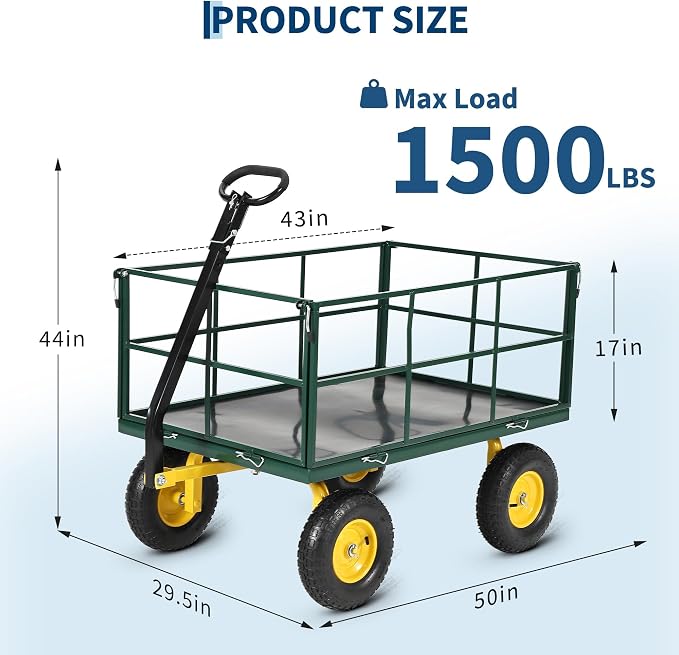 Heavy Duty 1500 Lbs Capacity Mesh Steel Garden Cart Folding Utility Wagon with Removable Sides, Garden Cart on Wheels for Gardening Soil, Tools, and Plant Transport