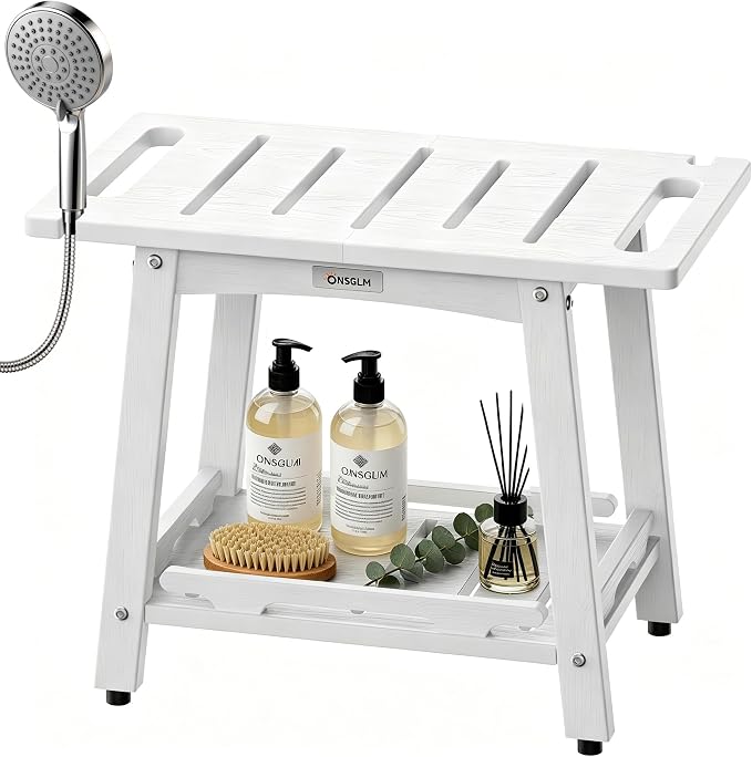 22" Large Shower Bench Seat, Non-Slip Shower Benches for Inside Shower to Sit on, HDPE Waterproof Shower Stool, Shower Chair with Adjustable Feet for Bathroom, Indoor/Outdoor Use, White