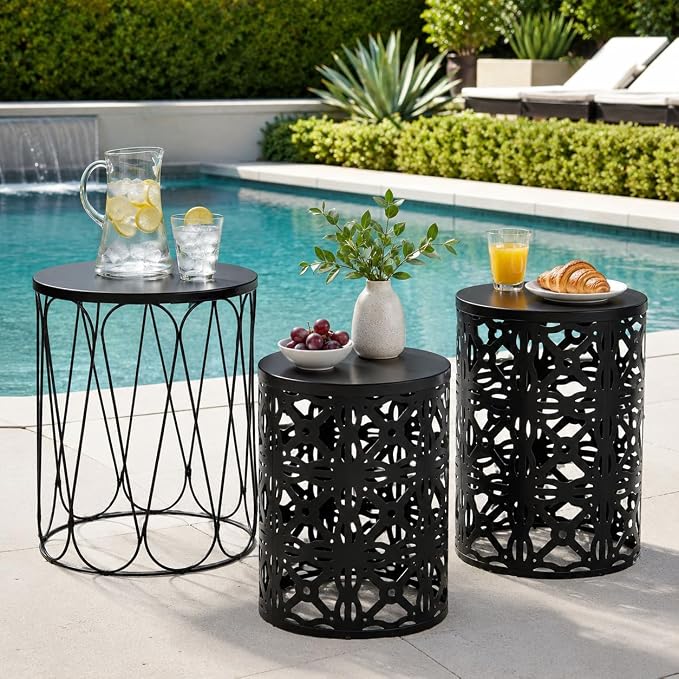 Y&M Outdoor Side Tables Set of 3, Round Metal Stacking Patio Side Tables, Indoor & Outdoor End Tables, Decorative Garden Stool Plant Stand for Patio, Garden, Balcony, Porch, Black