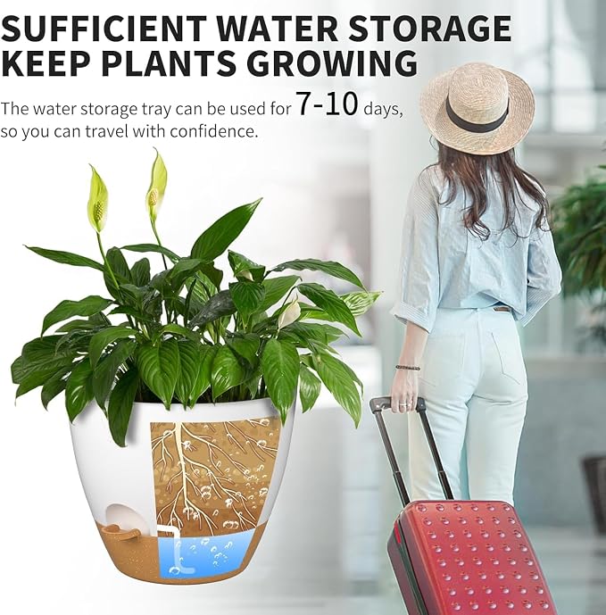 12/10/9/8/6 Inch Self Watering Pots for Indoor Outdoor Plants, Set of 5 Large Plastic Planters with Visual Water Window, Drainage Holes & Watering Lip, Modern Decorative Flower Pots (White)