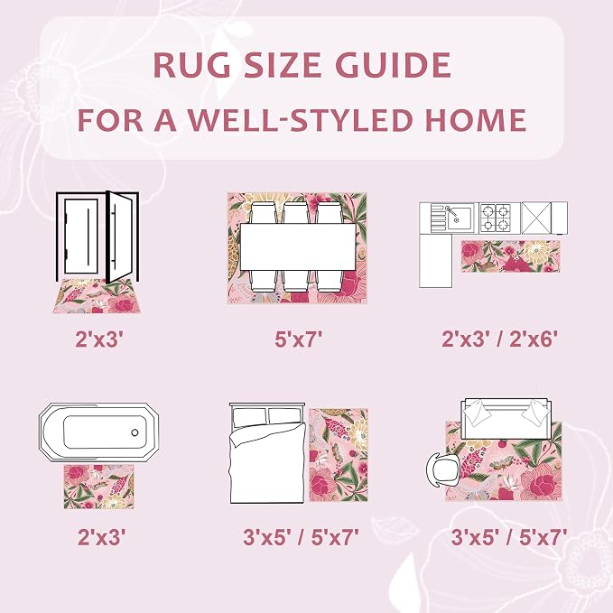 Tyrot Pink Boho Floral Living Room Rug, 5x7 Rug Washable Botanical Butterfly Area Rugs Flat Woven Ultra-Thin Non Slip Low Pile Carpet for Bedroom, Dining Room, Office, Kids Room