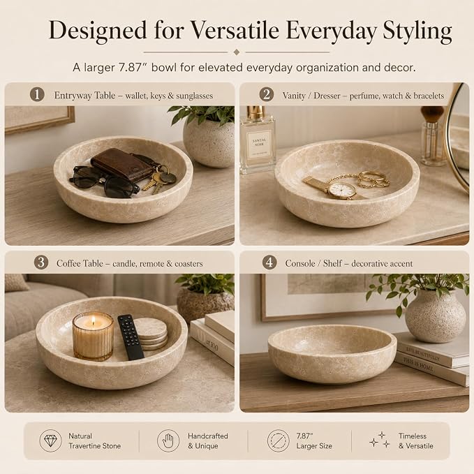Travertine Decorative Bowl, 7.87-Inch Stone Catchall | Natural Key Bowl for Entryway Table, Coffee Table Centerpiece, Console Table and Living Room Decor