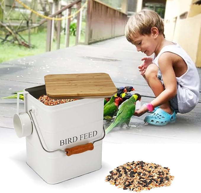 Morezi Bird Treat and Food Storage tin with Wooden lid and Scoop Included - White Powder - Carbon Steel - Birds Food bin - pet Food Container Storage Canister