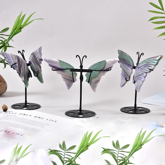 JIC Gem Rainbow Fluorite Crystal Butterfly Art Angel Wings Sculpture Carving,Green Healing Crystal Butterfly Ornaments Energy Decorative Stone Reiki Gifts (1pair, 10cm)