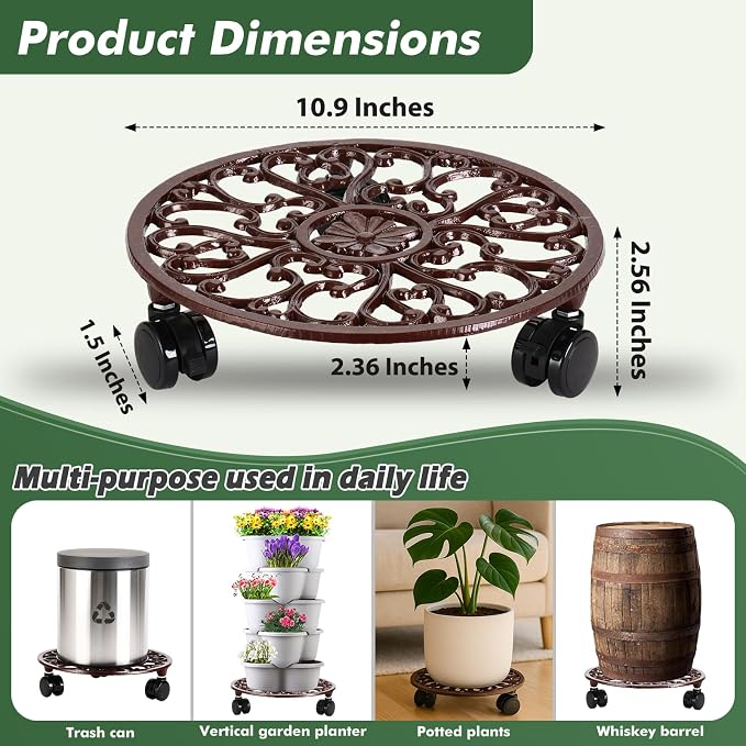 3 Packs 11 Inch Rolling Plant Stand with Wheels Wrought Iron Rolling Plant Stand with Casters Heavy Duty for Indoor Plants Rollers with Wheels, Metal Round Plant Dolly