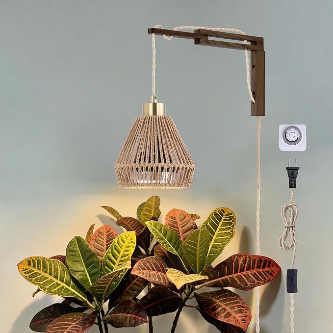 Hanging Grow Lights for Indoor Plants - 35W 4000K Full Spectrum Plant Light, Wall Mounted Grow Light with Wooden Bracket, Timer, 15FT Power Cord, Ideal for Plants, Flowers & Home Decor
