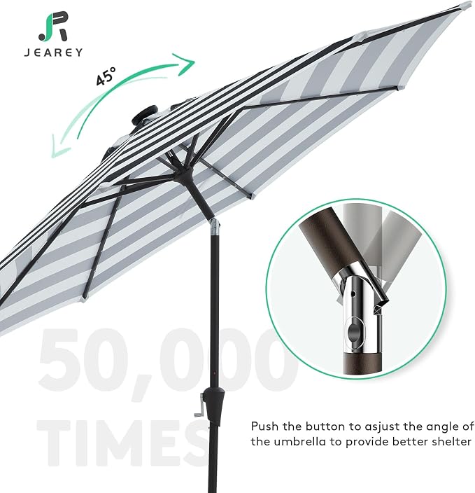 JEAREY 9FT Outdoor Patio Umbrella with Solar Lights, LED Lighted Pool Umbrella with Tilt and Crank, Outdoor Table Umbrellas for Deck, Yard & Market (Black & White Stripe)