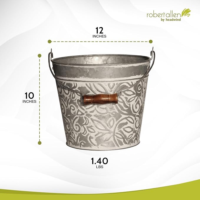 Headwind Vintage Collection - Floral Galvanized White Wash Planter with Handles – 12 Inch Flower Pots Decorative Plant Indoor – Plant Pots Indoor with Drainage By Robert Allen