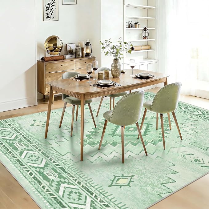 Yinhua Sage Green 8x10 Rugs for Living Room, Western Area Rug Washable | Non-Slip Southwestern Rug Low Pile, Soft Non-Shedding Boho Rugs for Dining Table Office Nursery