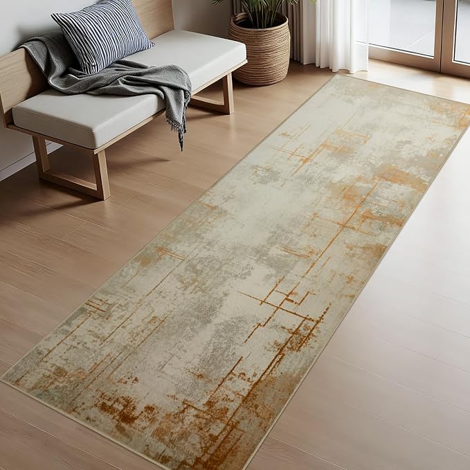 Joydeco 2x6 Runner Rug for Hallway, Modern Abstract Non-Slip Soft Washable Rugs, Low Pile Carpet for Entryway, Kitchen, Bedroom, Laundry, Light Brown & White & Beige