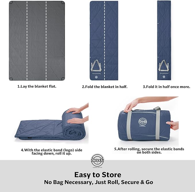 STOVER Large Waterproof Outdoor Stadium Blanket - Extra Thick Soft Fleece Camping Blanket for Travel, Picnics, Sports, Dogs - 79"x55", Warm, Windproof, Sand-Proof, Lightweight, Packable (Stadium Blue)