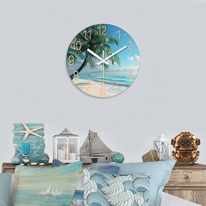 XFM Large Tropical Beach Wall Clock Silent Non-Ticking 24 Inch | Silent Non-Ticking Battery Operated Blue Modern Glass Palm Tree Decorative for Living Room Kitchen Bedroom Office