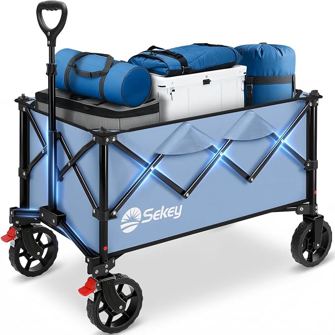 Sekey Collapsible Foldable Wagon with 300lbs Weight Capacity, Heavy Duty Folding Wagon Cart with Big All-Terrain Wheels.Blue