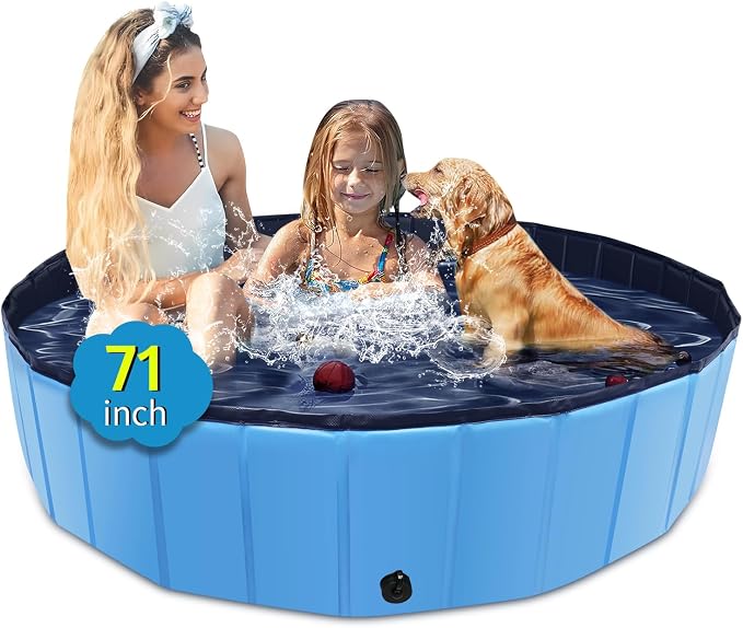 CACSPS Foldable Dog Pool, 71" x 12" Large Kiddie Pool with Hard Plastic, Non-Slip Dog Bath Tub for Outdoor Backyard, Collapsible Dog Swimming Pool for Kids Dogs Pets (Blue)
