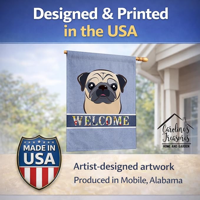 Caroline's Treasures BB1448CHF Fawn Pug Welcome House Flag, Blue Large Porch Sleeve Pole Decorative Outside Yard Banner Artwork Wall Hanging, Polyester, House Size, Multicolor