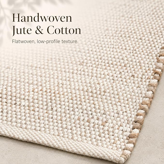 Jute Cotton Hand Woven Area Rug (2' x 8' Natural) | Farmhouse Area Rug for Living Room Bedroom Hallway Entryway Rustic Vintage Bohemian Décor