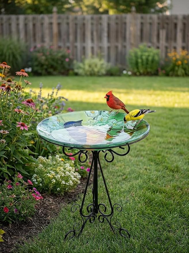 Large Bird Bath for Outside, 18" H Glass Bath Bowl with Metal Stand 28" H Standing Outdoor Birdbaths for Garden Yard Lawn Decor,Baltimore Oriole