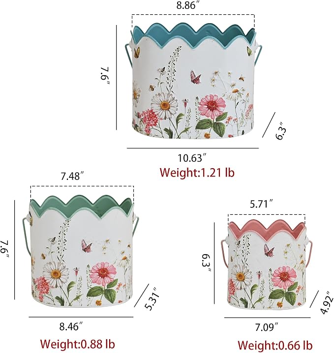 Set of 3 Vintage Floral Metal Planters Rustic Flower Pots with Wooden Handle, Farmhouse Decorative Floral Buckets for Dried Flowers, Faux Plants, Home Garden Decor