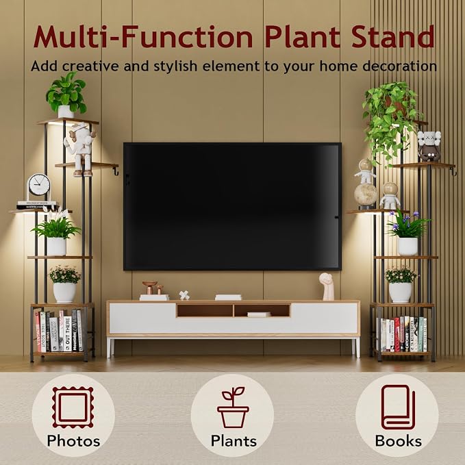 Homsorout Plant Stand Indoor with Grow Light - 6-Tier Metal Plant Shelf with Hanging Basket Hook, Corner Tall Flower Holder for Multiple Plants, Living Room Balcony Garden Patio, Rustic Brown