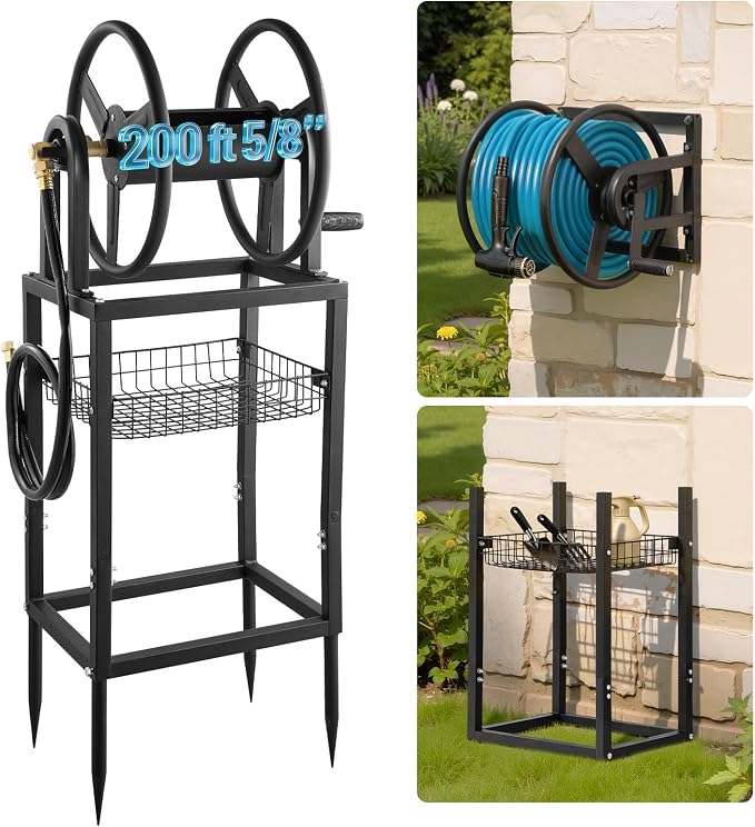 VEVOR Freestanding Garden Hose Reel, Holds 200 Feet of 5/8-inch Hose, Wall Mount or Ground Mount, Detachable Holder Stand with Storage Rack, 5 ft Leader Hose, Brass Fitting, 4 Spikes, for Backyards