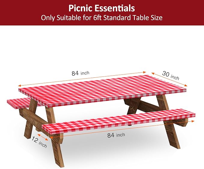 7ft Picnic Table and Bench Cover, Camping Essentials RV Gear, 84 in Waterproof Windproof Outdoor Elastic All Around Tablecloth, Fitted Rectangle Tables and Seats, Red-White Checkered