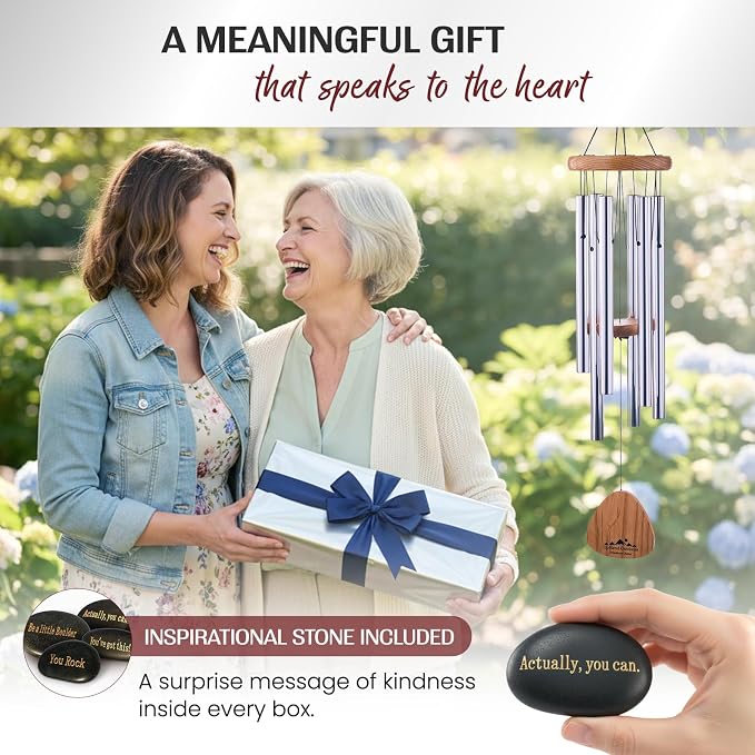 Silver Wind Chimes for Outside Deep Tone, 29 Inch Hand Tuned B Major Pentatonic Soprano Wind Chime with Decorative Kindness Stone, Outdoor Garden Patio Porch Decor, Meaningful Sympathy Memorial Gift