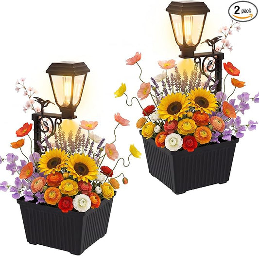 btfarm 2 Pack 18.5" H Small Solar Lamp Post with Planter Dual-Sided Lighting, 2 in 1 Flower Pots Wall Mount/Freestanding, Waterproof Decorative Planter Lamp for Porch Garden Front Door, Warm White