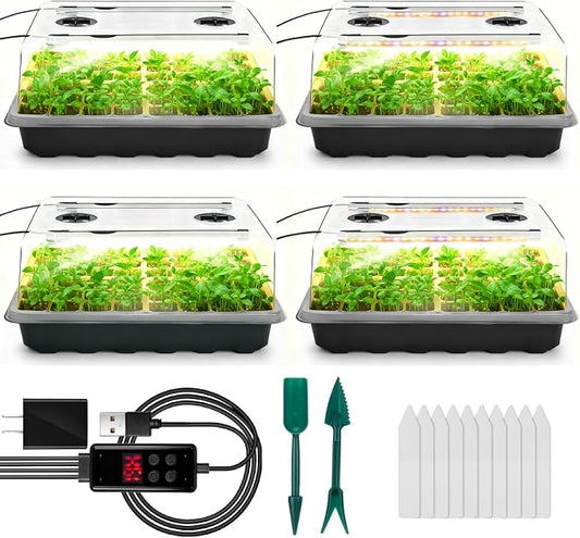 Seed Starter Tray with Grow Light, 192-Cell Seed Starter Kit, Seedling Starter Trays with Humidity Domes, Automatic Timer, Adjustable Light Indoor Gardening Plant Germination Trays