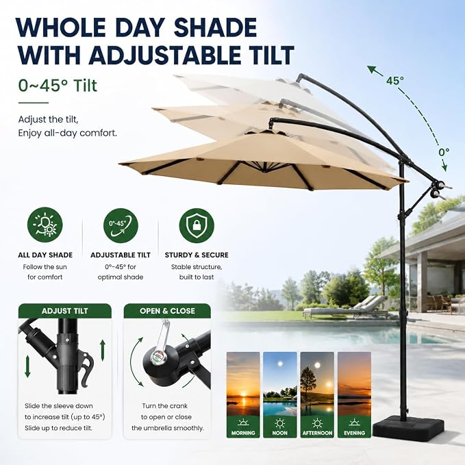 10FT Patio Umbrella with Base, Outdoor Umbrella Pool Umbrella Cantilever Umbrells - UV Protection, Easy Tilt & 360° Rotation for Poolside, Backyard & Garden