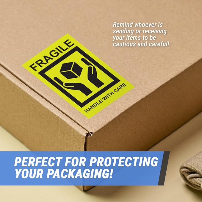 Fragile, Handle with Care Labels (2 x 3 inch, Fluorescent Yellow - 900 Labels) - Fragile Warning Stickers for Glass & Shipping Fragile Items - Strong Adhesive