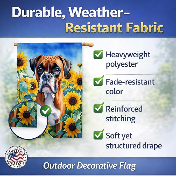 Caroline's Treasures DAC6037CHF Boxer in Sunflowers House Flag Large Porch Sleeve Pole Decorative Outside Yard Banner Artwork Wall Hanging, Polyester, House Size, Multicolor