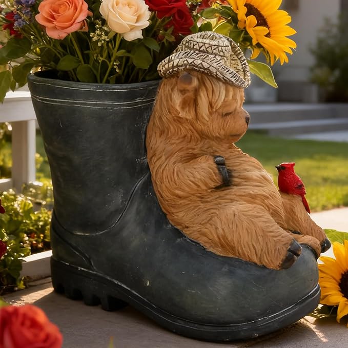 Rain Boot Planter with Sleeping Highland Cow - Unique Outdoor Resin Flower Planters for Garden Decor Patio Porch - Cute Decorative Pots for Succulents
