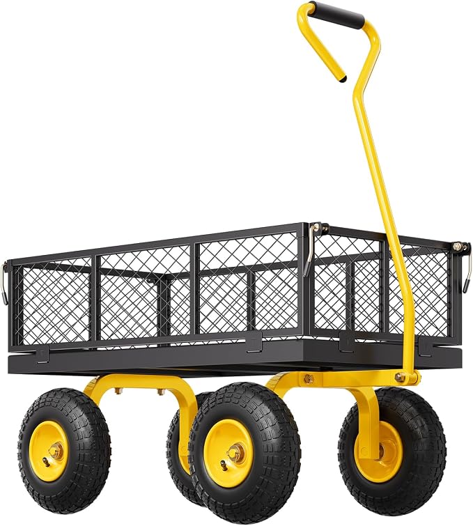VEVOR Steel Garden Cart 500 lbs Heavy Duty Garden Wagon Cart on Wheels | Pullable Metal Yard Utility Wagon with 10" All Terrain Tires, Mesh Detachable Sides (Convert to Flatbed) 180° Rotating Handle