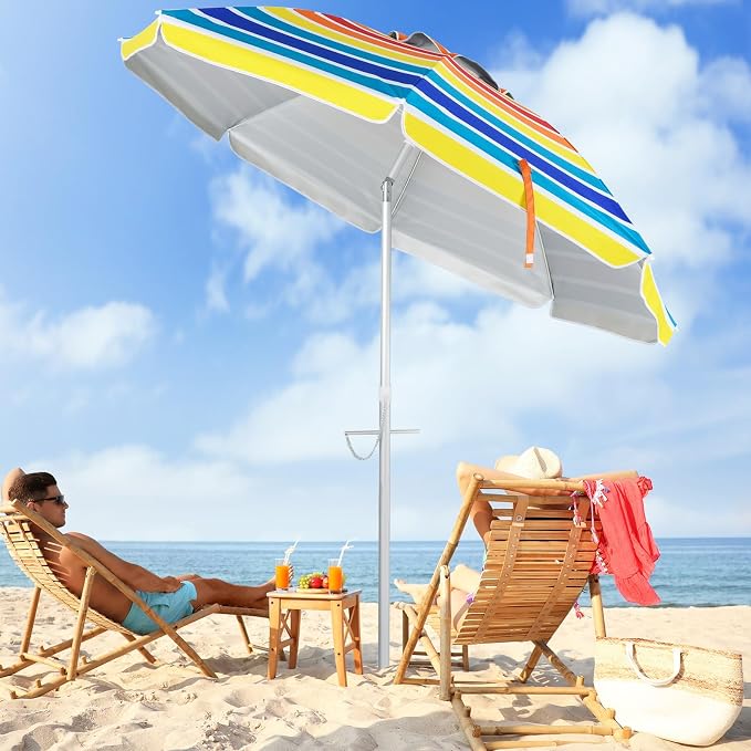 Tangkula 6.5ft Outdoor Beach Umbrella with Sand Anchor, Patio Umbrella with Push Button Tilt & UPF 50+ Protection, Portable Sunshade Umbrella with Carry Bag for Garden Beach Outdoor (Rainbow)