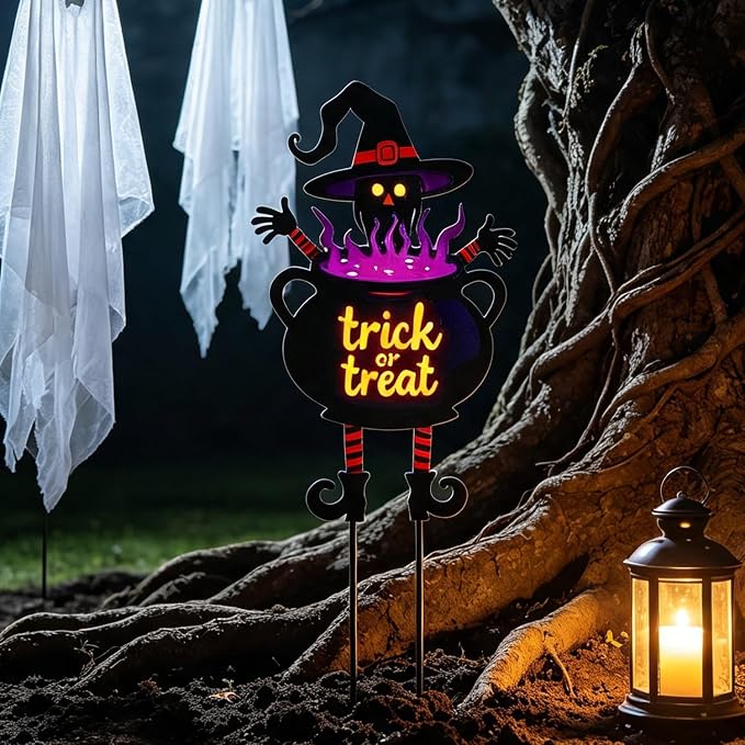 Witch Halloween Decorations Cauldron 39.7" with Trick or Treat Sign | Large Halloween Yard Stakes Metal for Garden, Lawn, and Outdoor Spooky Yard Decorations